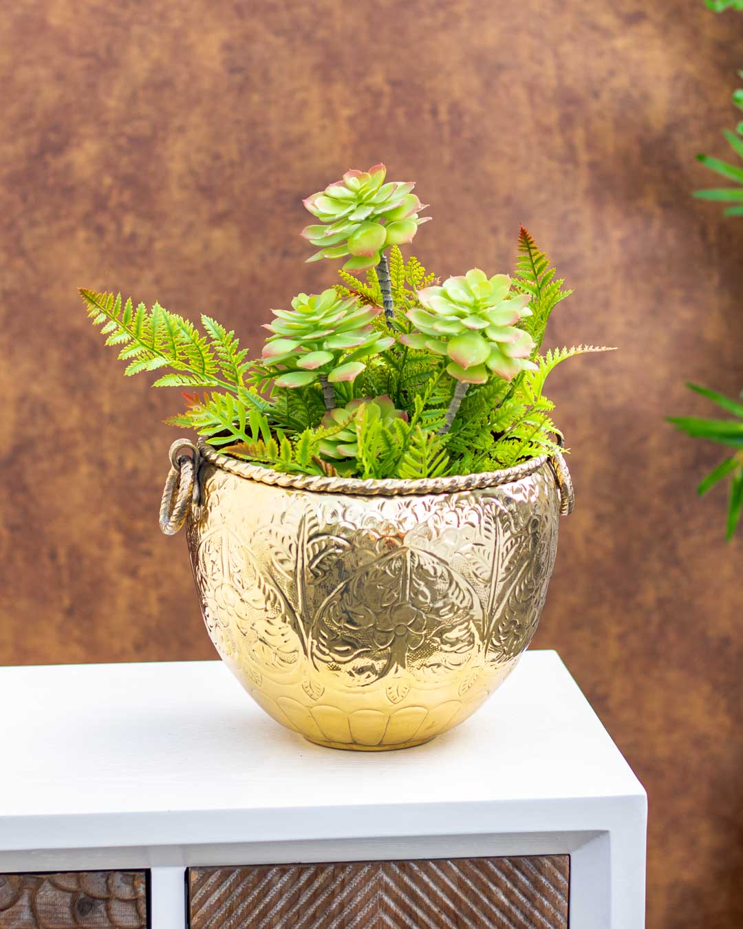 Hibiscus Flower Craved Golden Brass Planter - 12" - The Decor Kart