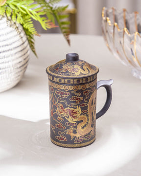 'Dragon' Stoneware Lidded Mug - Dark Brown - The Decor Kart