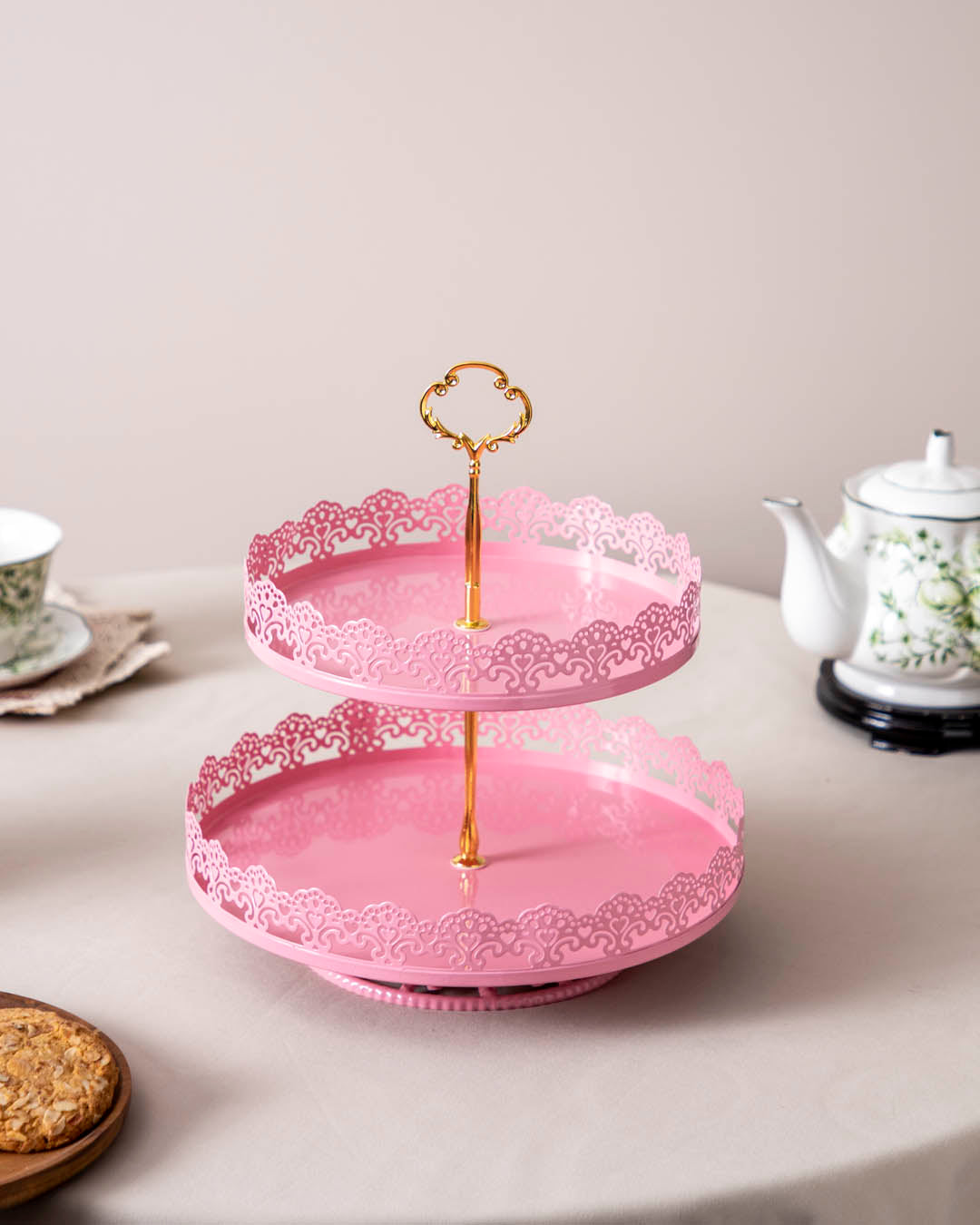 'Lacing Elegance' 2-Tier Cake Stand - Pink - The Decor Kart