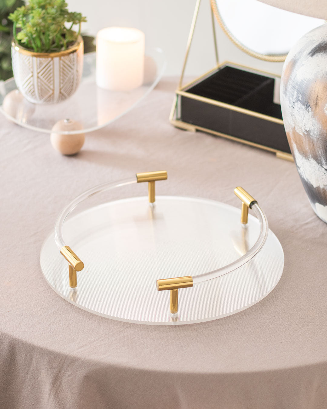 Clear Acrylic Serving Tray with Golden Handles - The Decor Kart