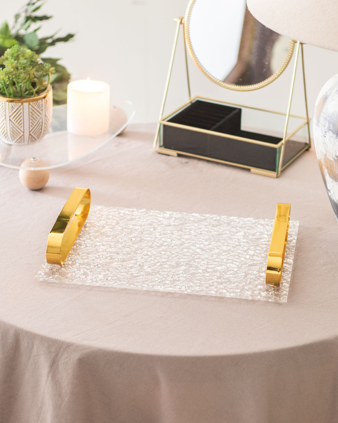 Clear Acrylic Serving Tray with Golden Handles - The Decor Kart