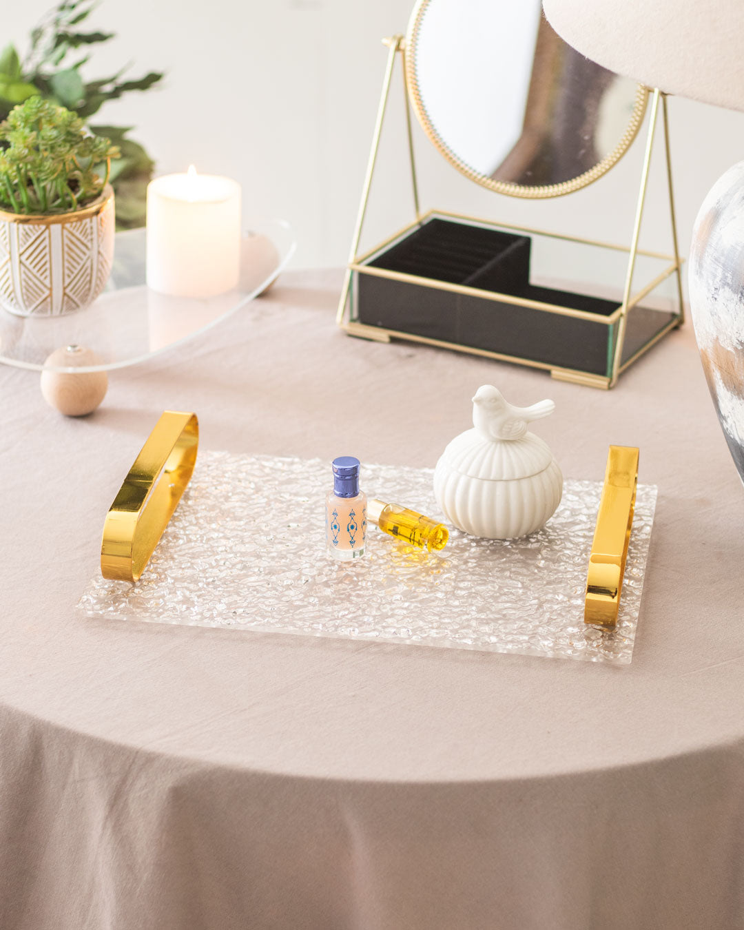 Clear Acrylic Serving Tray with Golden Handles - The Decor Kart