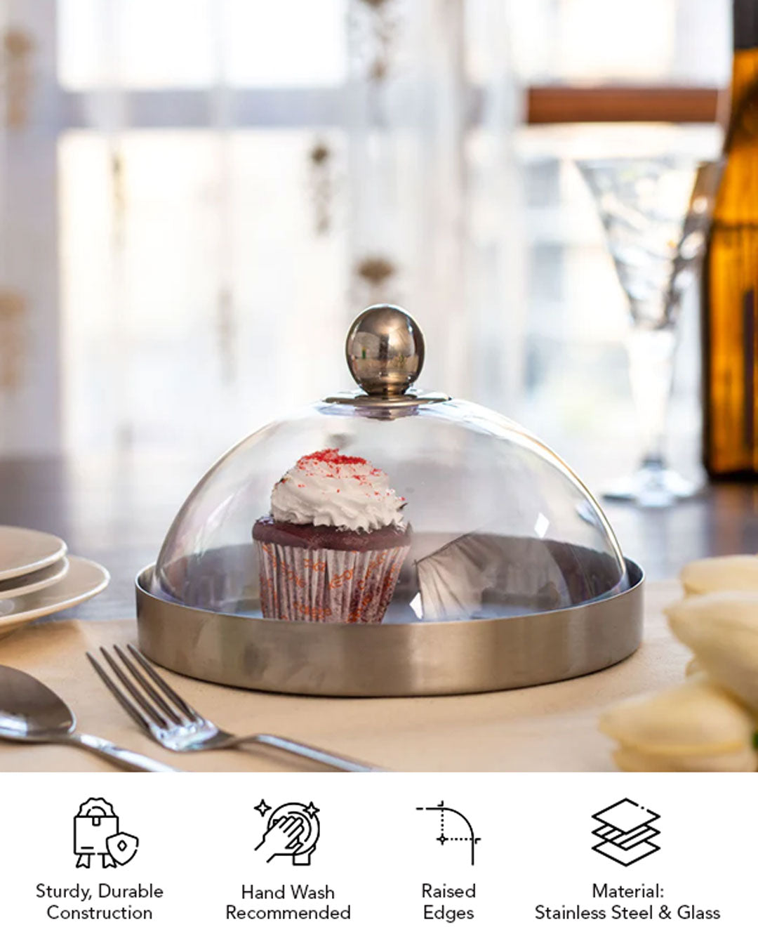 Silver Stainless Steel Cake Plate with Fiber Dome - The Decor Kart