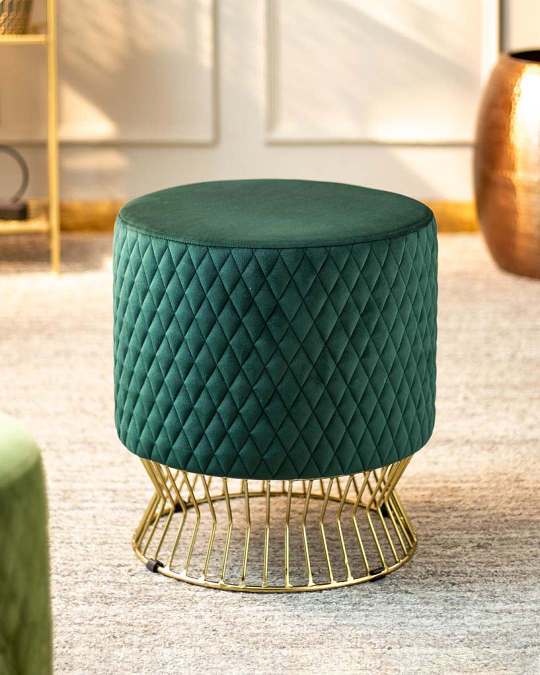 Quilted Vanity Ottoman - Emerald Green