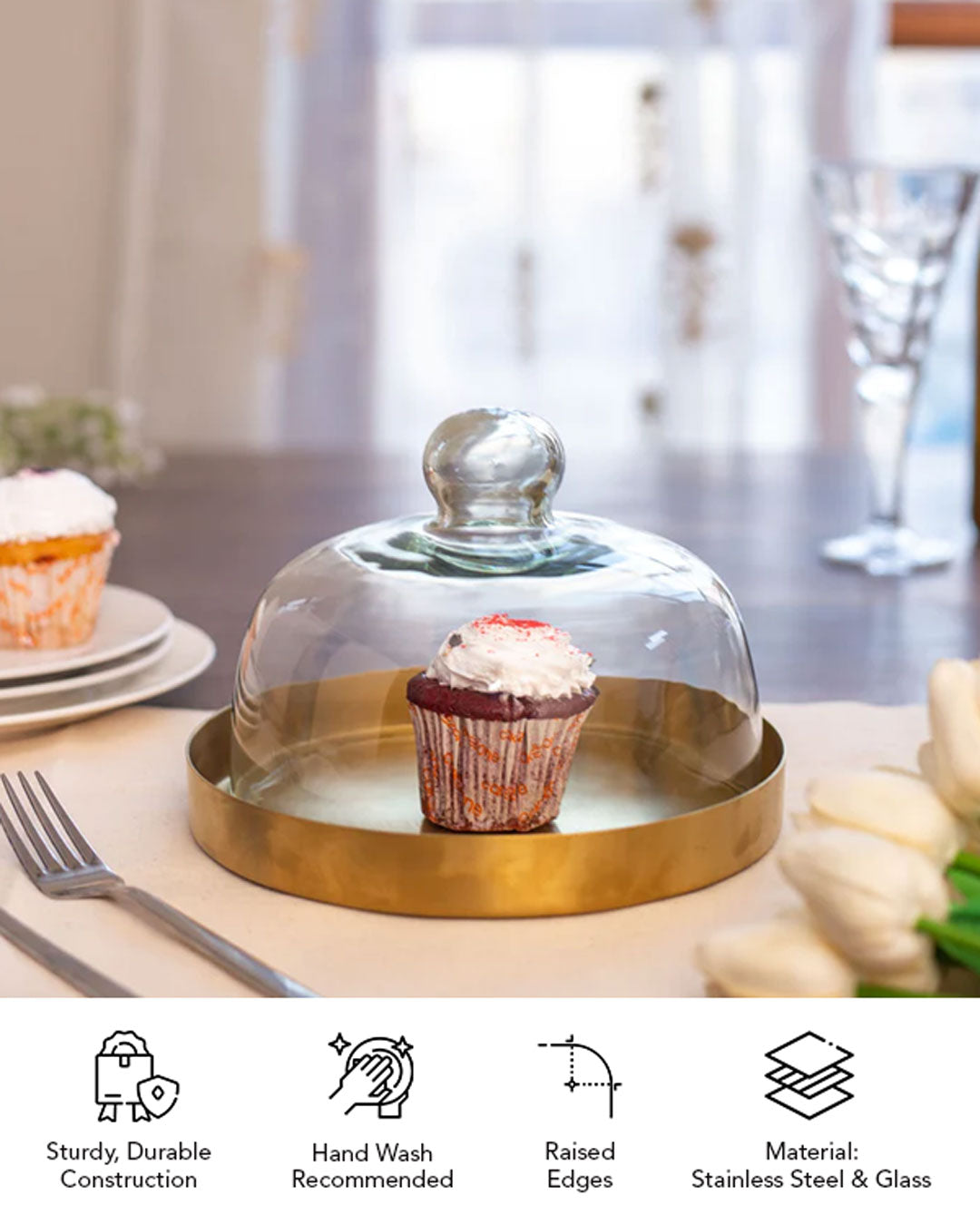 Gold Stainless Steel Cake Plate with Glass Dome - The Decor Kart