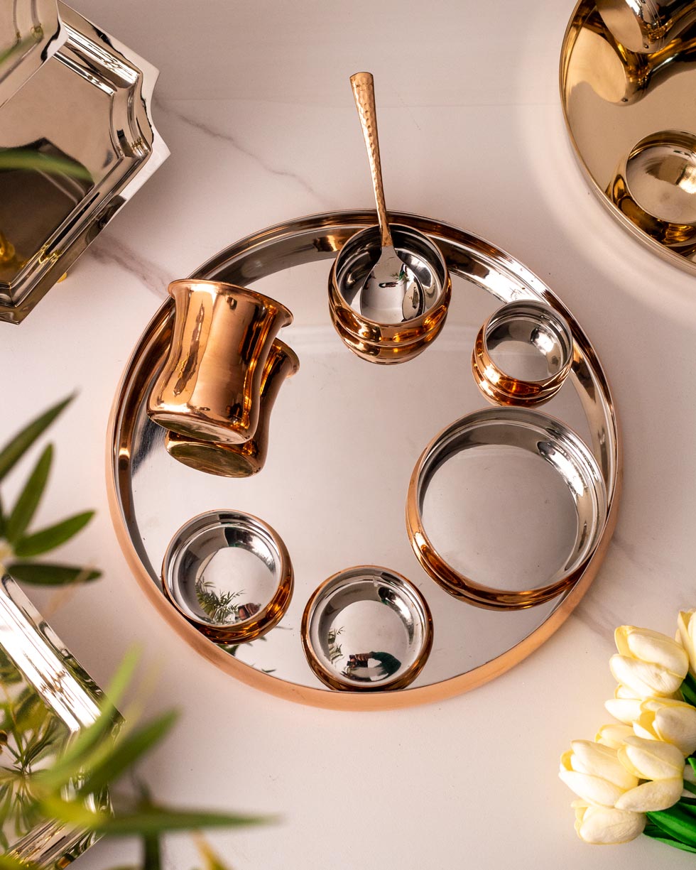 Steel 8-Piece Thali Set - Copper + Steel Colour - The Decor Kart