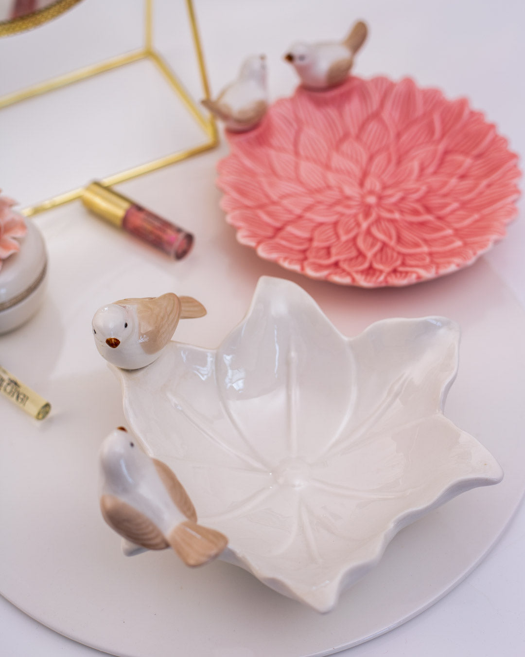 Bird on Flower Ring Dish - White - The Decor Kart