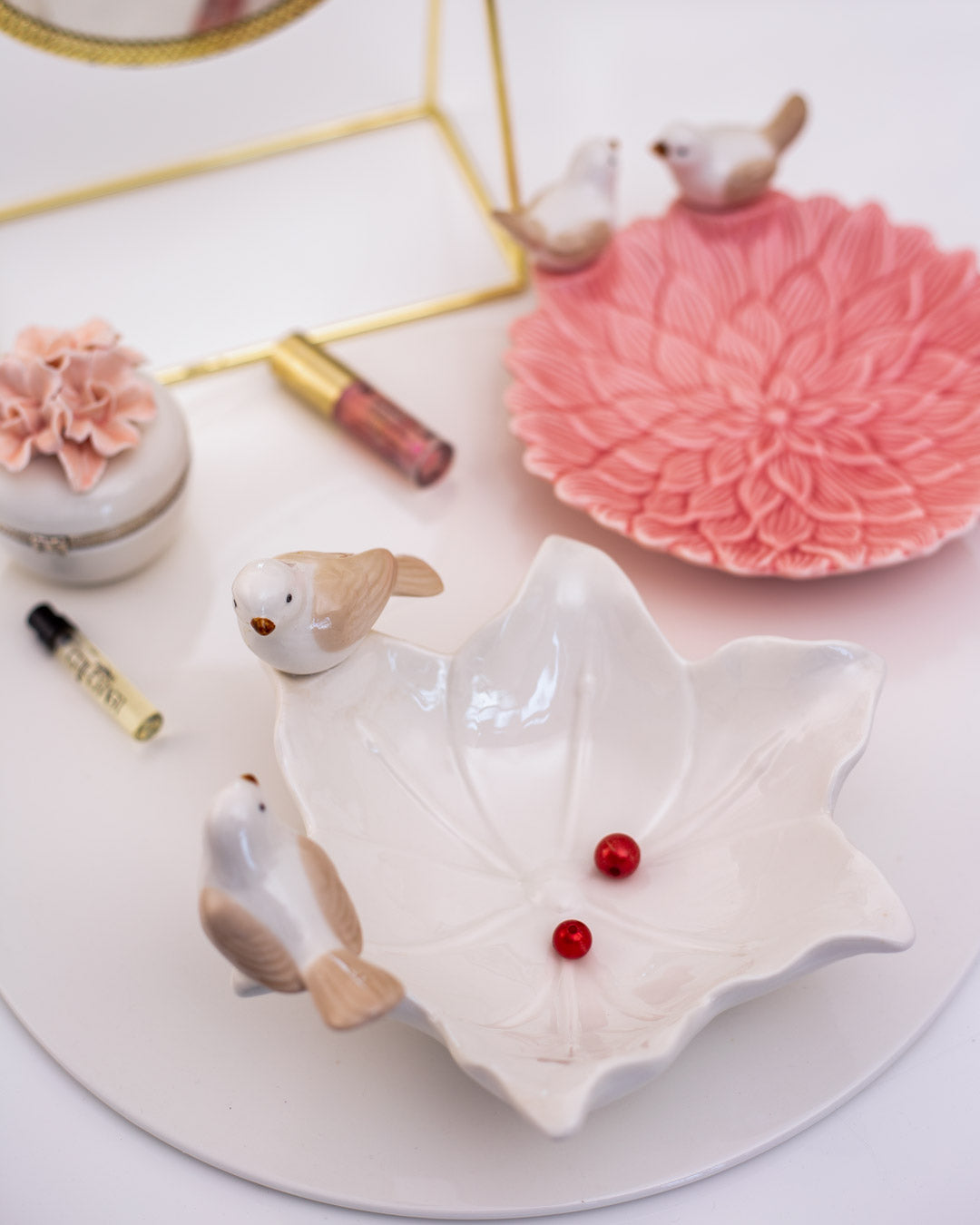 Bird on Flower Ring Dish - White - The Decor Kart