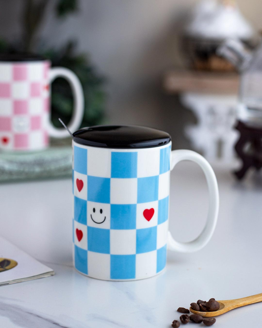 'Checkered' Coffee Mug - Sky Blue
