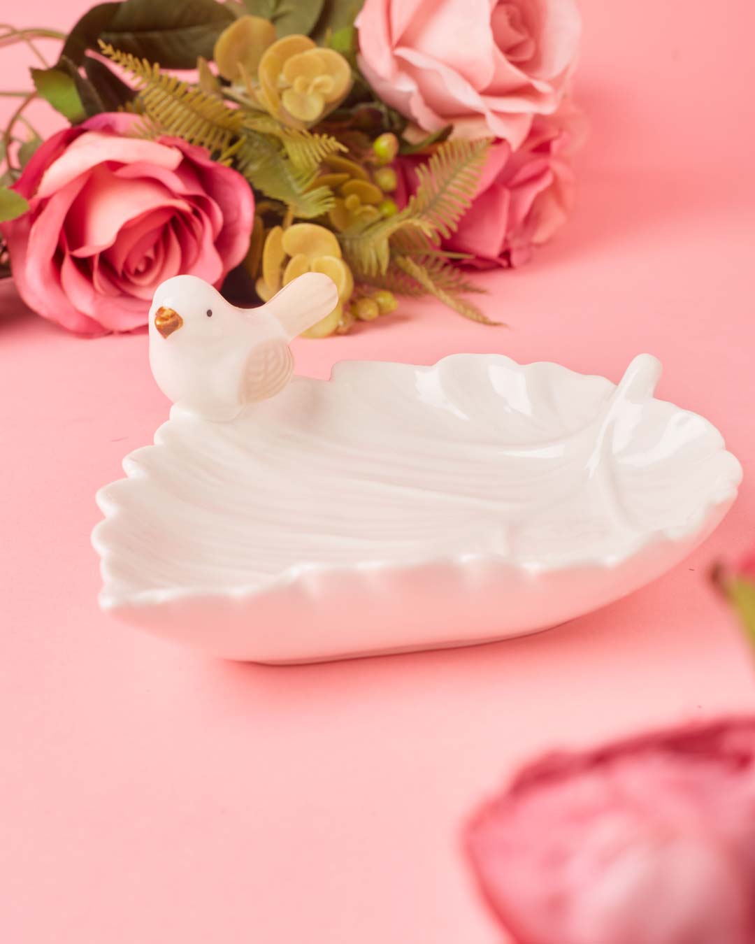 Bird on Leaf Ring Dish - White - The Decor Kart