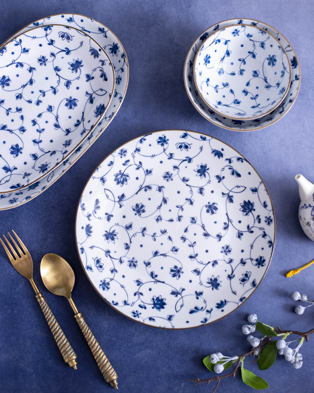 Orchid Blue & White Dinner Plate - The Decor Kart