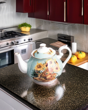 Vincent Van Gogh 'Sunflowers' painting on a unique glass kettle in a home kitchen